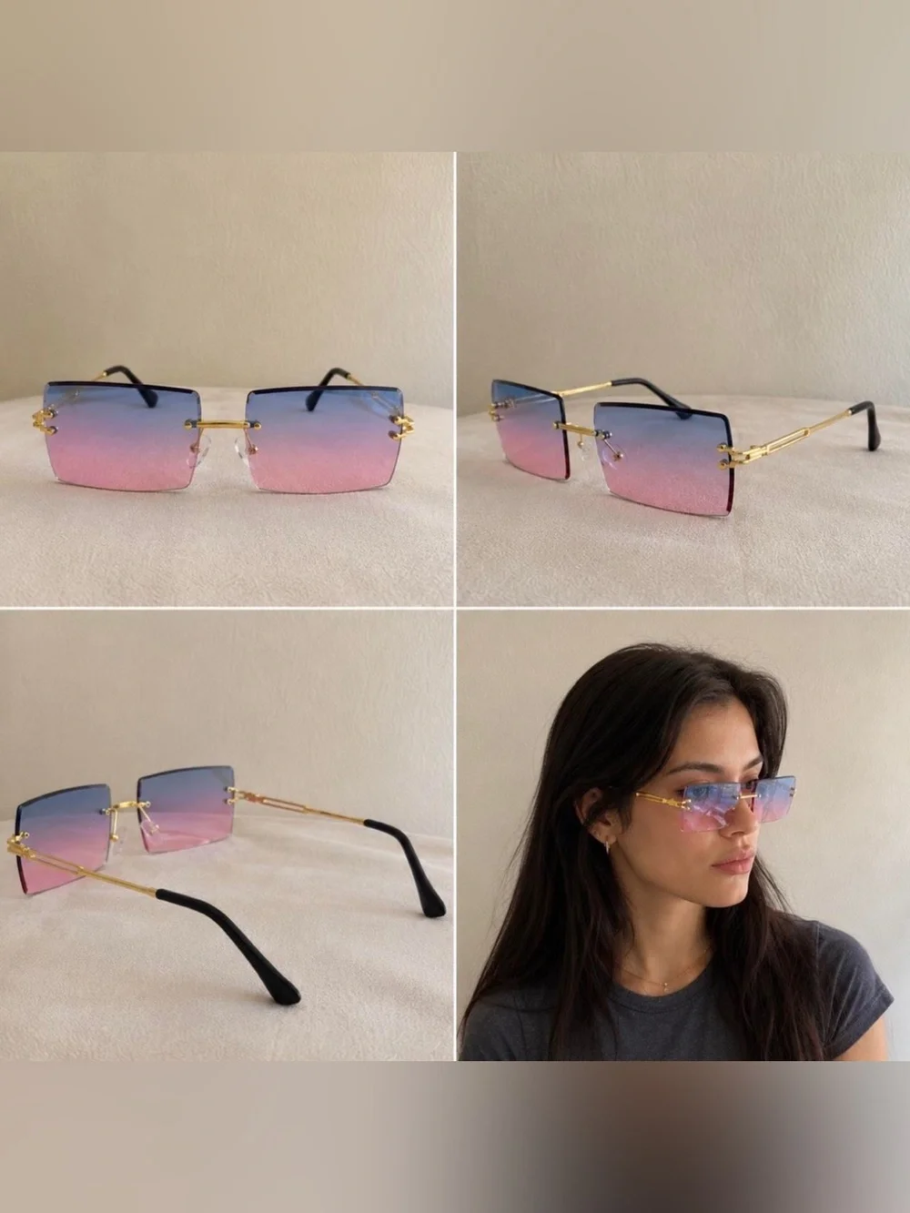 Blue Pink Gradient Rimless Square Sunglasses Gold Frame Women